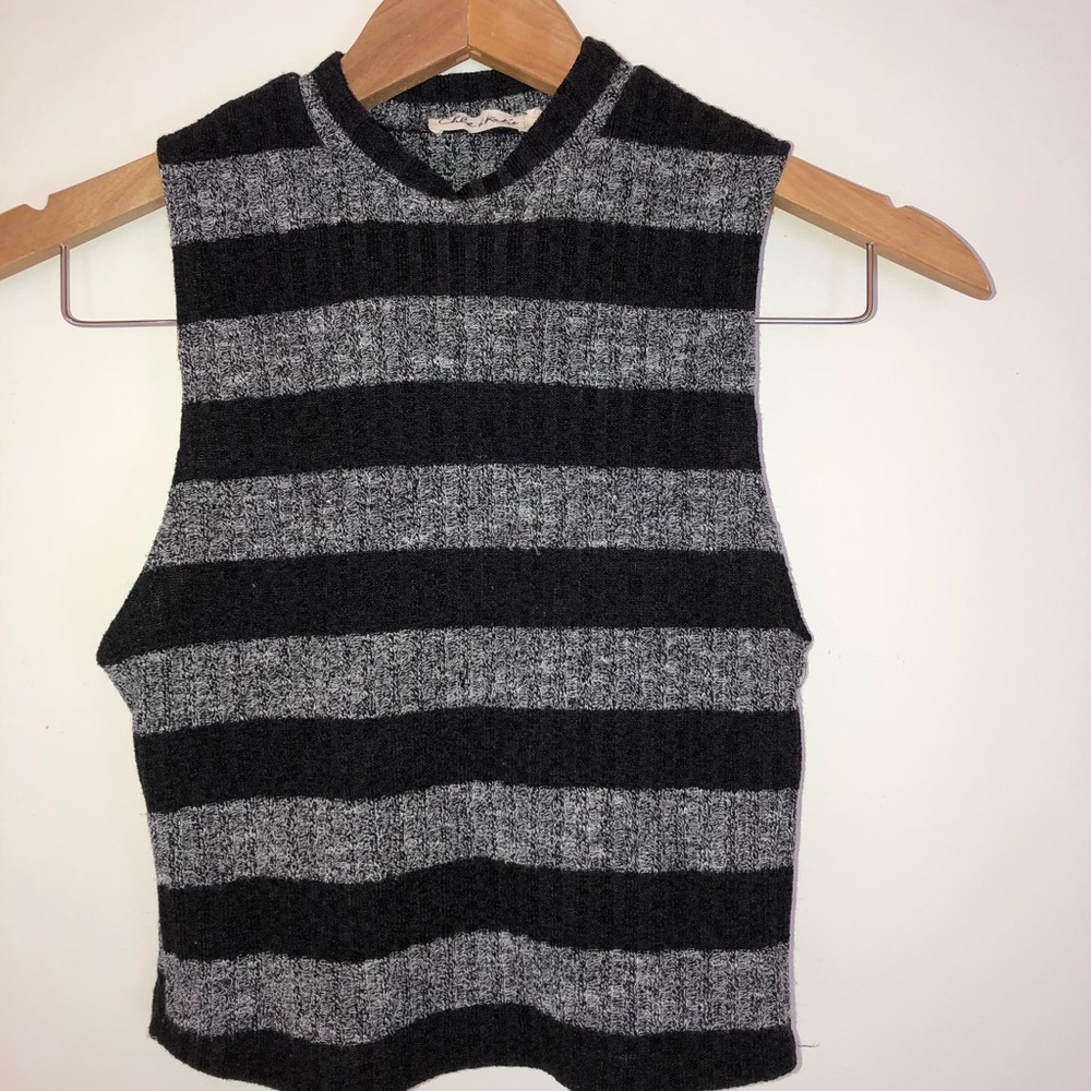 Black and gray striped turtleneck crop top